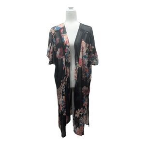 Band of Gypsies Sheer Black Floral Kimono Duster Cover Up Layering Jacket Top XS